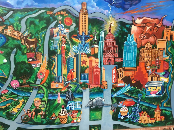 Street art-style map of Austin painted on building