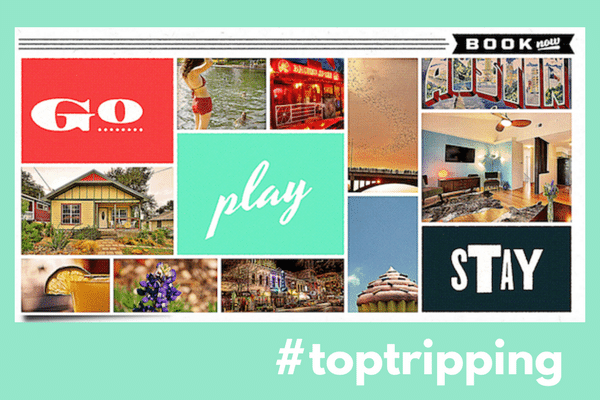 Postcard that says "Go Play Stay" and #toptripping for Top Trip Rentals