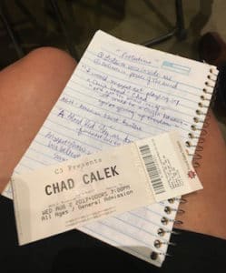 Leah Nyfeler's notes on Chad Calek 's Sir NoFace Lives North American Tour and ticket stub